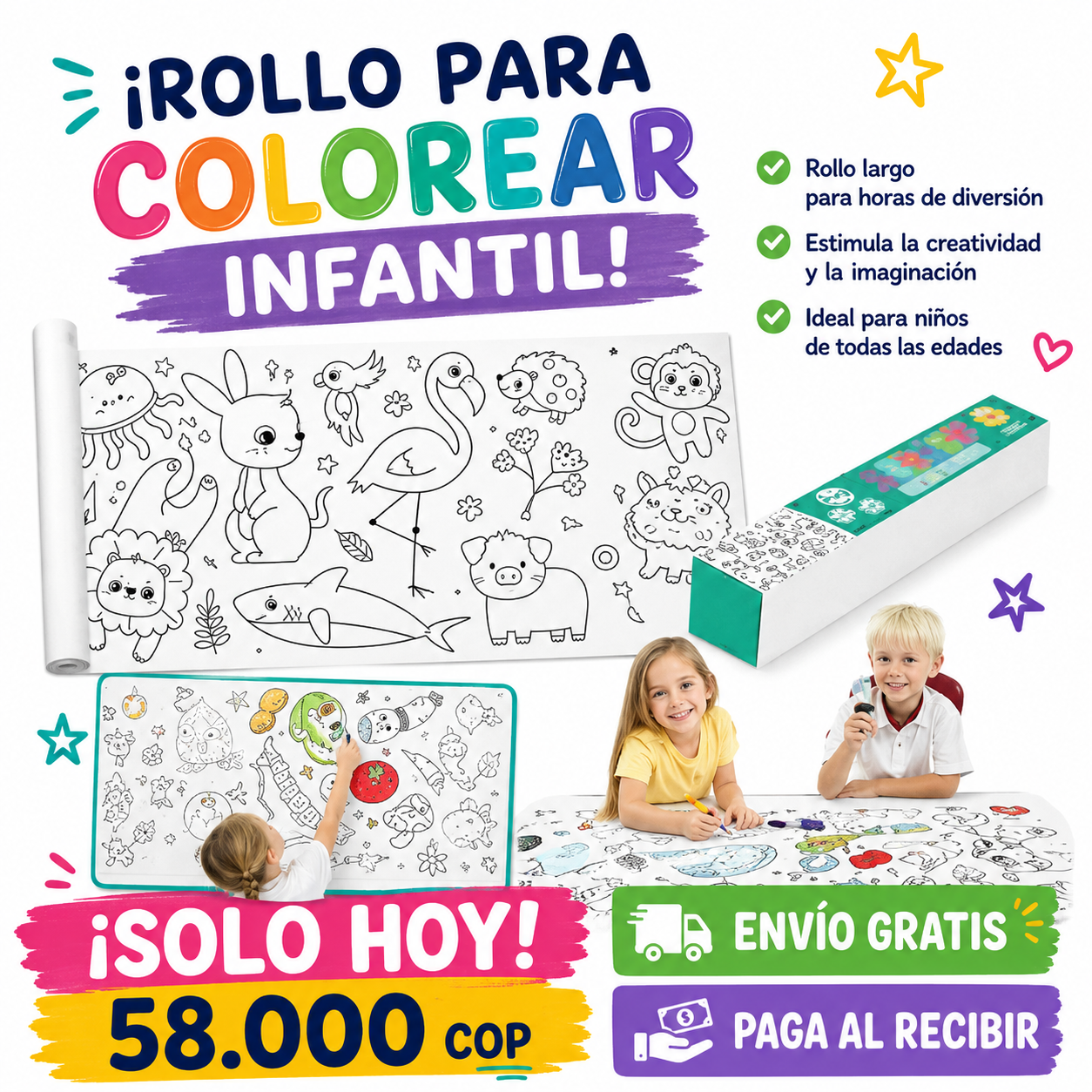 🎨 ¡2 Rollos para Colorear somente hoy Cop 58.000,00 - paga al recibir-envio gratis